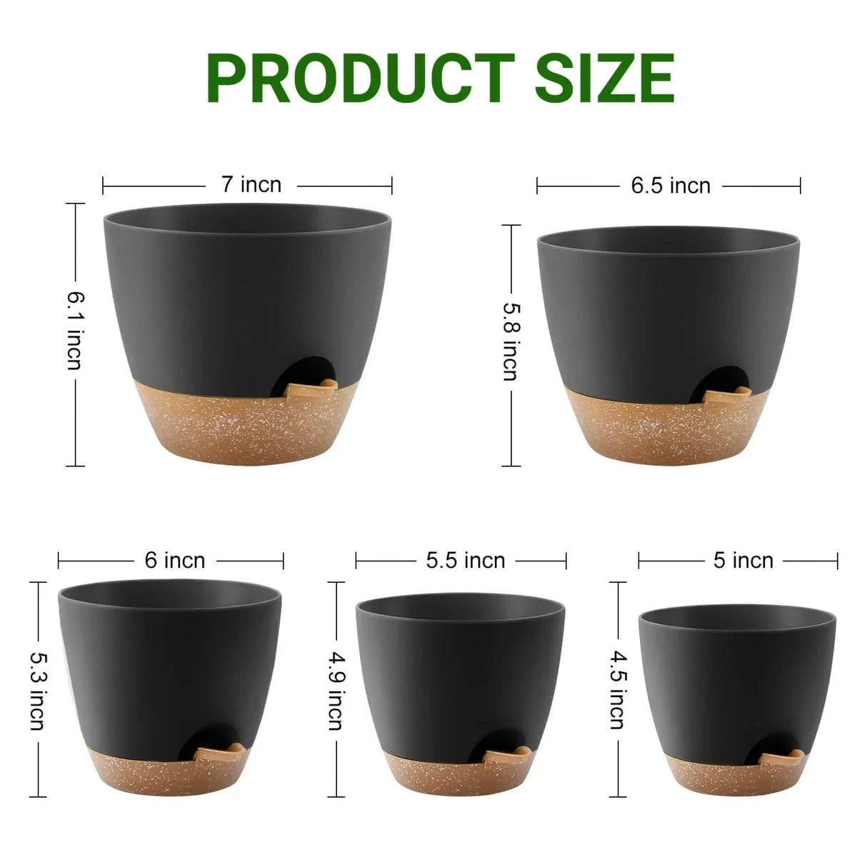 FOUKUS Set of 5 Self-Watering Plant Pots with Drainage – Eco-Friendly Plastic Planters for Indoor & Outdoor Use – Pots for Succulents, Cactus, Snake Plants (7", 6.5", 6", 5.5", 5")