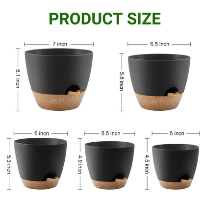 FOUKUS Set of 5 Self-Watering Plant Pots with Drainage – Eco-Friendly Plastic Planters for Indoor & Outdoor Use – Pots for Succulents, Cactus, Snake Plants (7", 6.5", 6", 5.5", 5")
