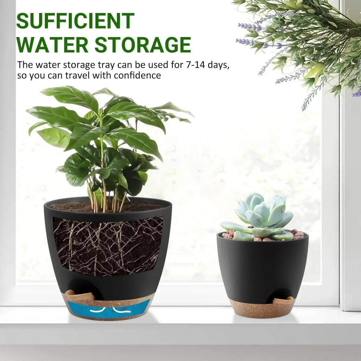 FOUKUS Set of 5 Self-Watering Plant Pots with Drainage – Eco-Friendly Plastic Planters for Indoor & Outdoor Use – Pots for Succulents, Cactus, Snake Plants (7", 6.5", 6", 5.5", 5")