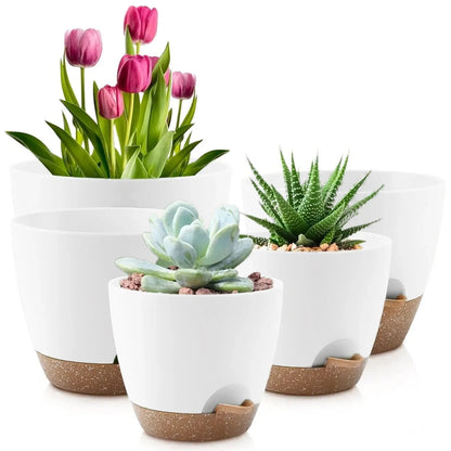 FOUKUS Set of 5 Self-Watering Plant Pots with Drainage – Eco-Friendly Plastic Planters for Indoor & Outdoor Use – Pots for Succulents, Cactus, Snake Plants (7", 6.5", 6", 5.5", 5")