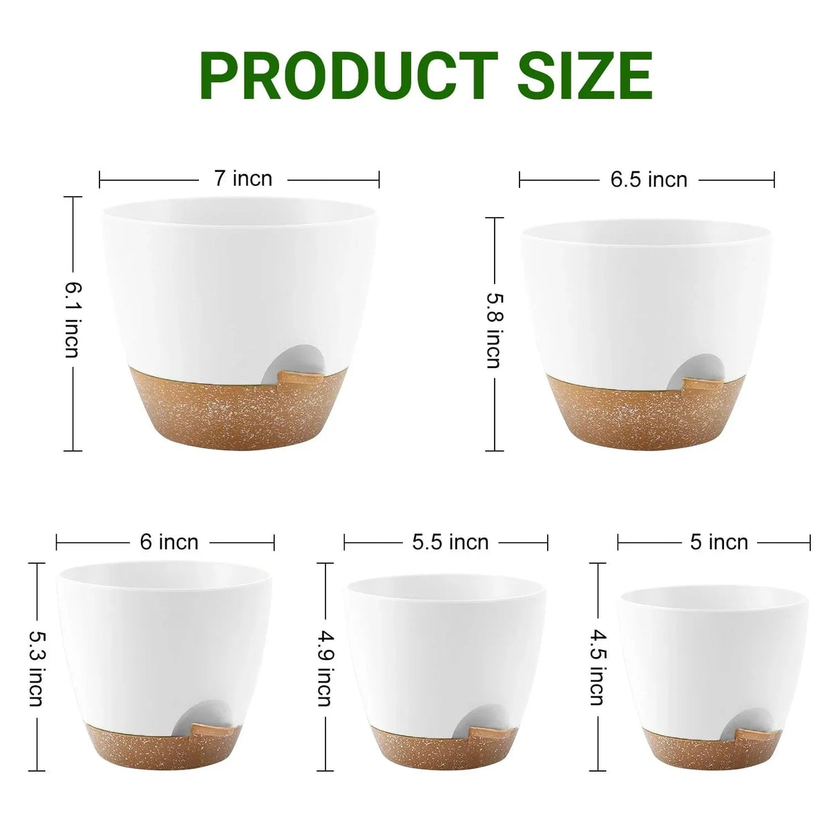 FOUKUS Set of 5 Self-Watering Plant Pots with Drainage – Eco-Friendly Plastic Planters for Indoor & Outdoor Use – Pots for Succulents, Cactus, Snake Plants (7", 6.5", 6", 5.5", 5")