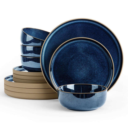 Famiware Nature 12-Piece Dinnerware Sets, Stoneware Dish Set, Midnight Blue