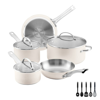 Farberware Luster 14 Pcs Stainless Steel Cookware Set with Cooking Tools, Induction Compatible, Dishwasher Safe, Metal Utensil Safe, Oven-Safe to 500°F, White