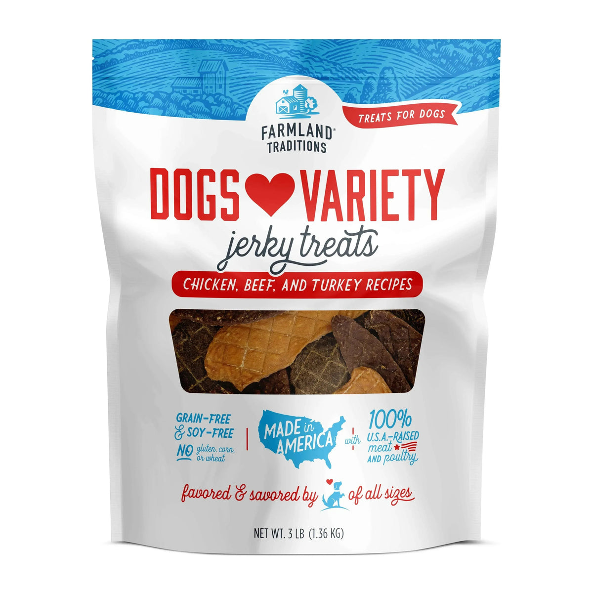 Farmland Traditions Dogs Love Jerky Dog Treats, Premium Dog Jerky Variety Pack with Chicken, Beef & Turkey, 3 Pound Bag