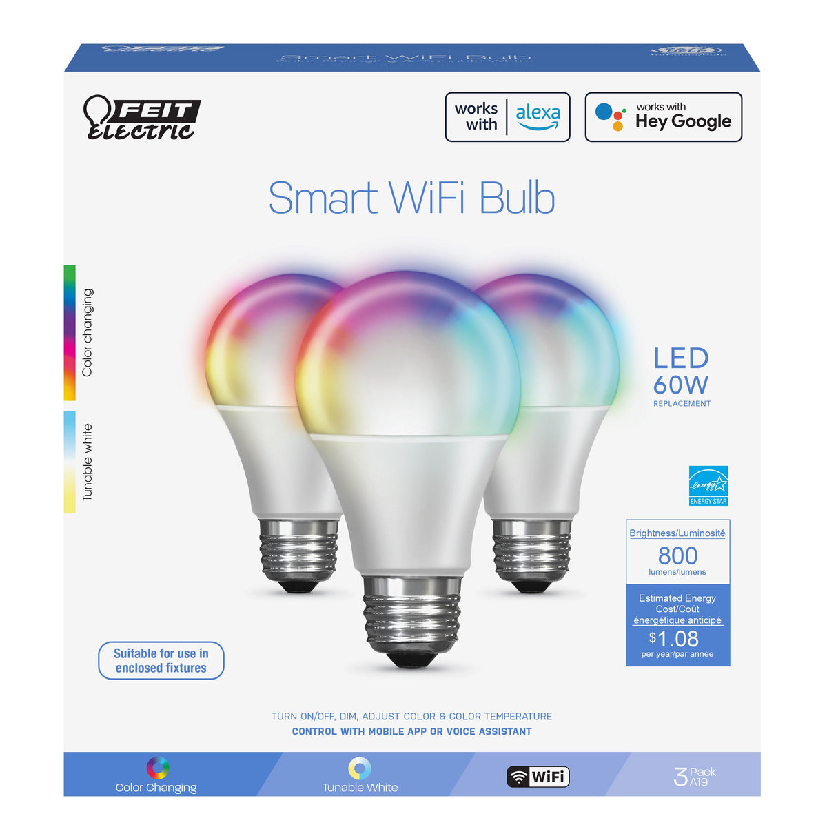 Feit Electric Smart LED 9 Watt (60 Watt Eq.) Color Changing/Tunable White Light Bulb, A19, E26, Dimmable