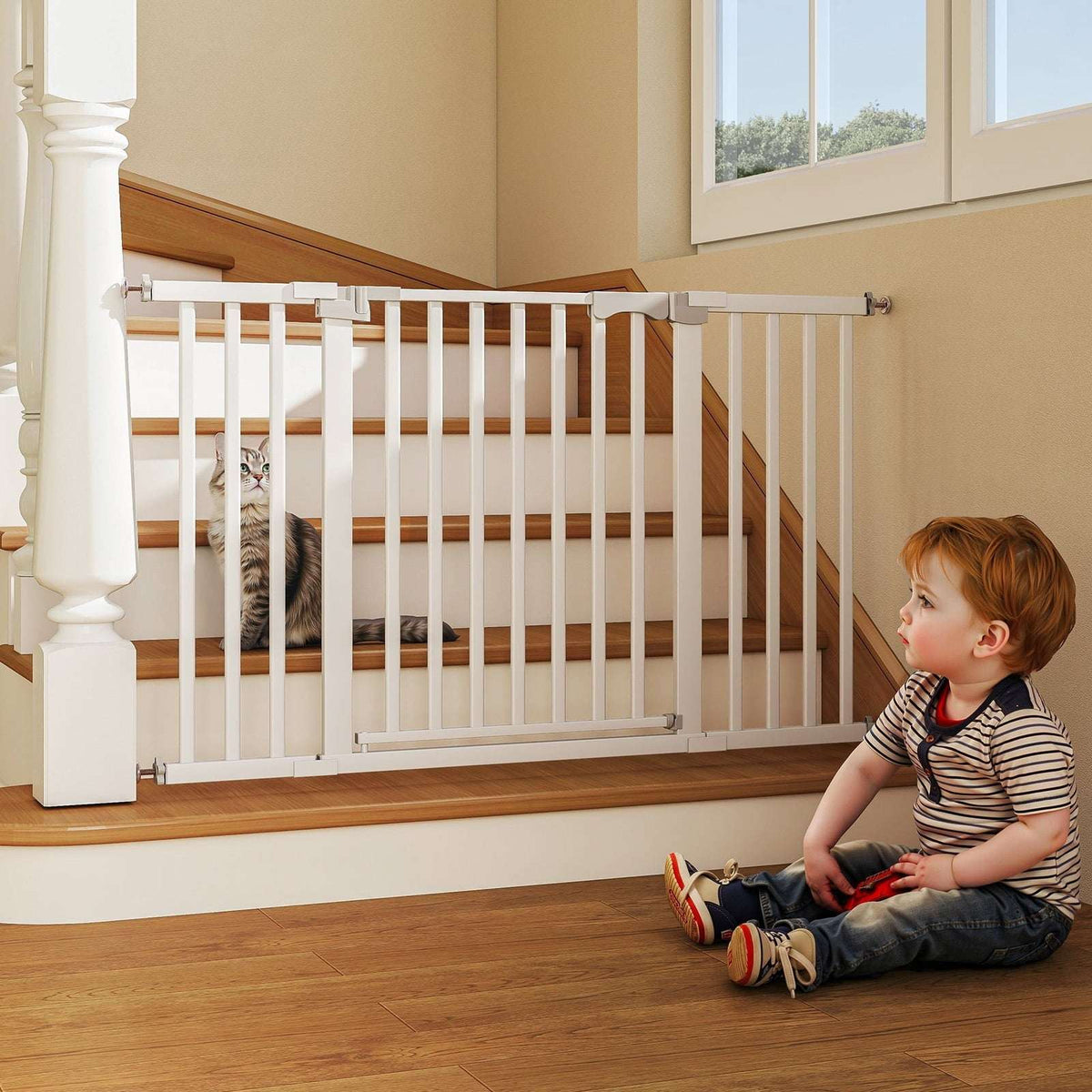 Fenbeli 30"-50" Baby Gates for Doorway, Auto Close Pet Gate, Gifts for Mom, Easy Install Pressure Mounted Dog Door, White