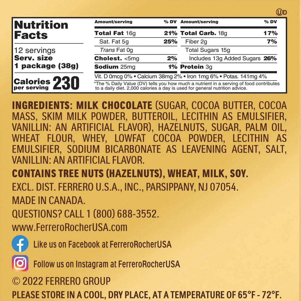 Ferrero Rocher, Milk Chocolate Hazelnut Candy, 1.3 oz, 3-count, 12-pack