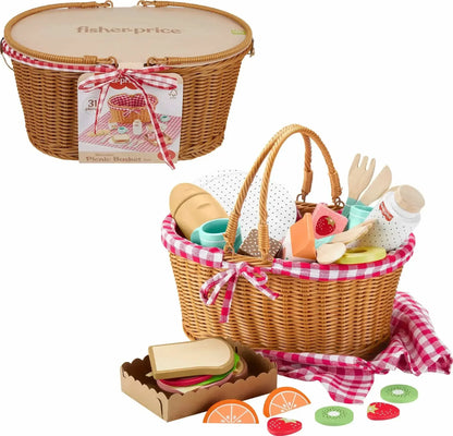 Fisher-Price Wooden Picnic Basket and Food Pretend Play Set for Preschool Kids, 31 Pieces
