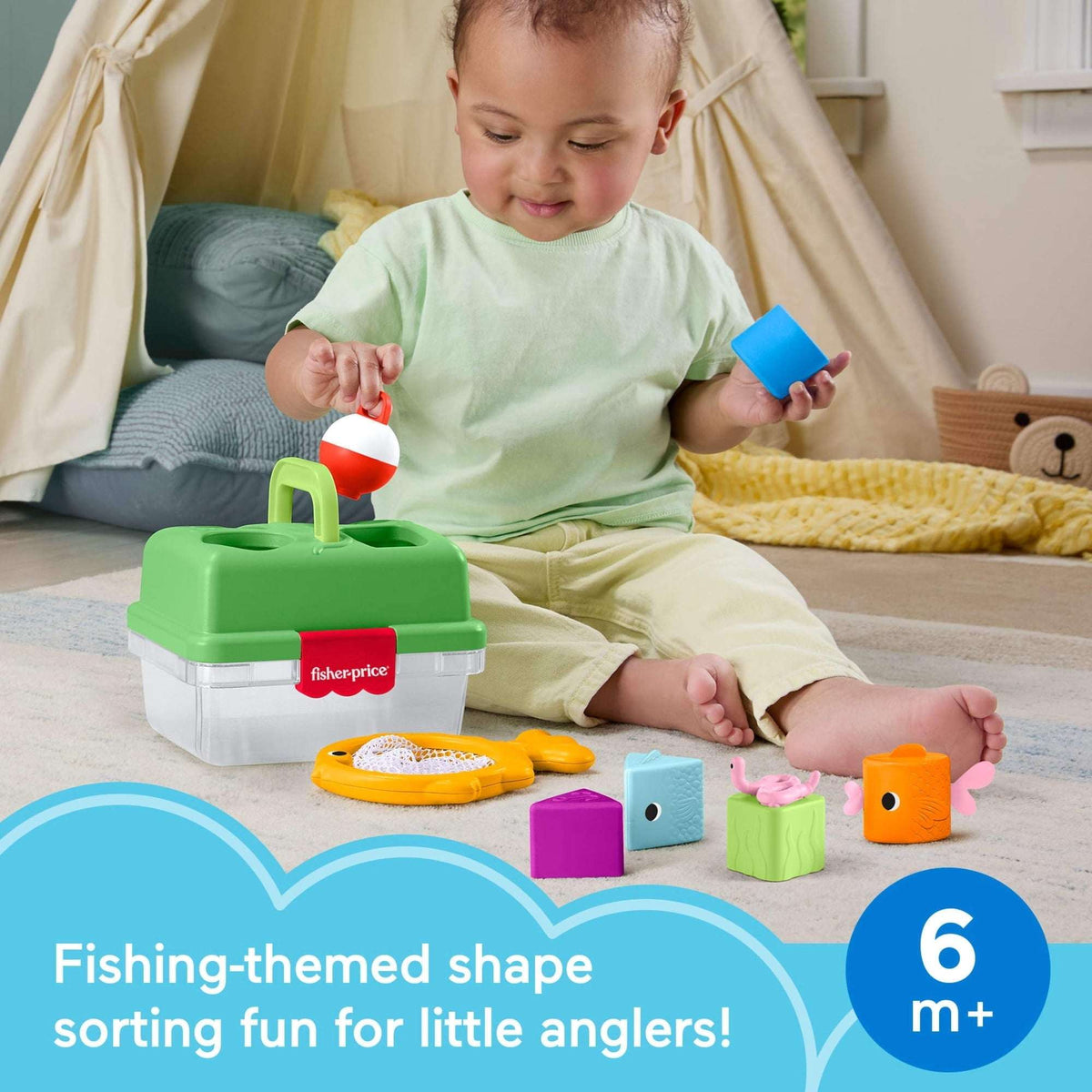 Fisher-Price Friendship Forest Sort & Store Tackle Box Baby Toy with 6 Shape Blocks & Fishing Net