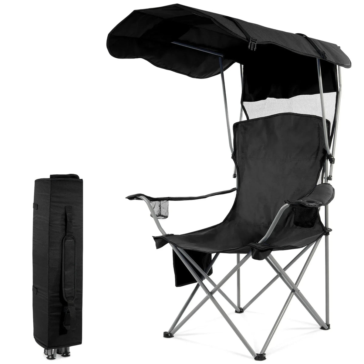 FlexWave Folding Camp Chair，Portable Outdoor Chair，with Shade & Cup Holder，for Camping, Beach, Fishing, and Sports Events
