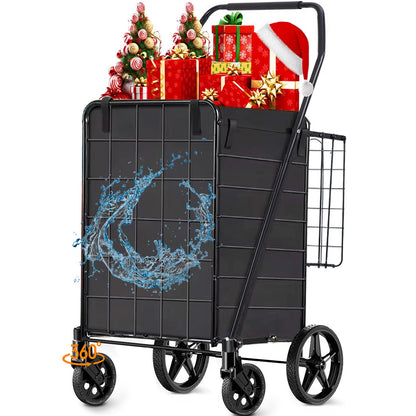Camkey Folding Shopping Cart, Utility Trolley Grocery Cart with Removable Basket and Swivel Wheel, Black