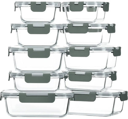 2Pack 1860ml/ 63oz Large Glass Storage Containers with Lids, Meal Prep Food Container Set with Snap Airtight Lid for Baking, Microwave, Oven, Leak Proof, for Freezer, Dishwasher, Grey