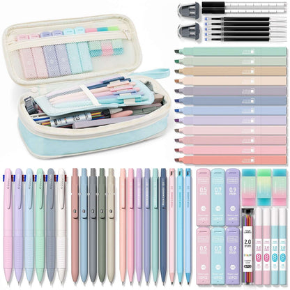 Four Candies 56 PCS Aesthetic Supplies with Pencil Case, 6 Multicolor Pen, 12 Pastel Highlighters, 5 Gel Pens Black Ink, 9 Mechanical Pencils for Stationary Set Preppy Stuff