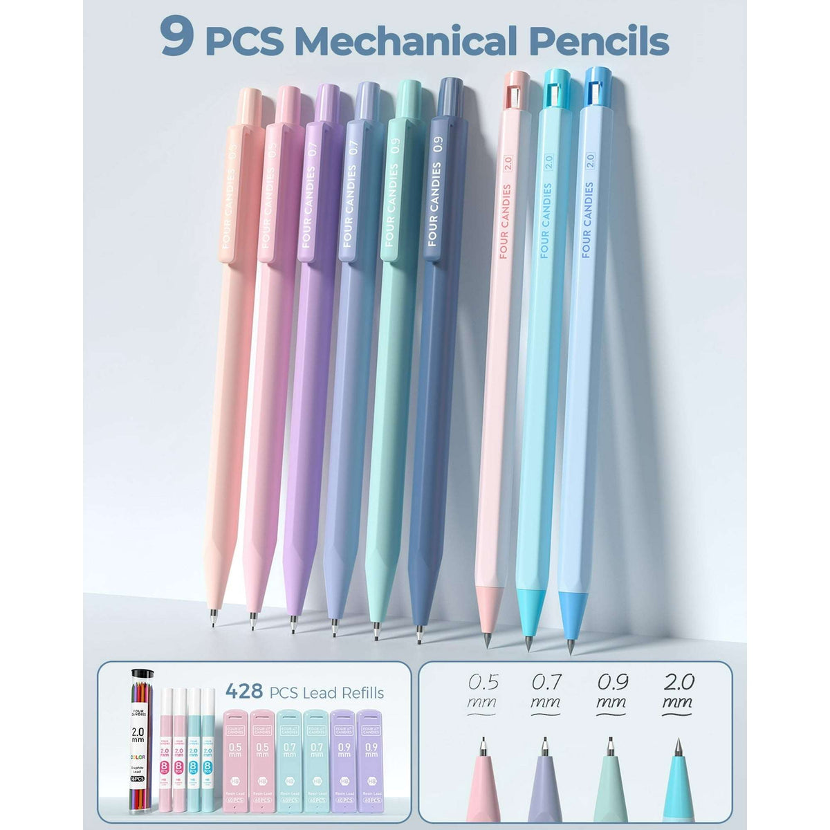 Four Candies 56 PCS Aesthetic Supplies with Pencil Case, 6 Multicolor Pen, 12 Pastel Highlighters, 5 Gel Pens Black Ink, 9 Mechanical Pencils for Stationary Set Preppy Stuff