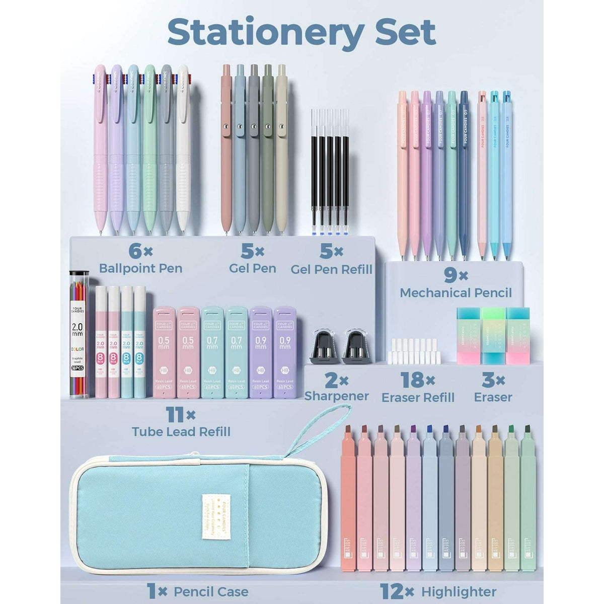 Four Candies 56 PCS Aesthetic Supplies with Pencil Case, 6 Multicolor Pen, 12 Pastel Highlighters, 5 Gel Pens Black Ink, 9 Mechanical Pencils for Stationary Set Preppy Stuff