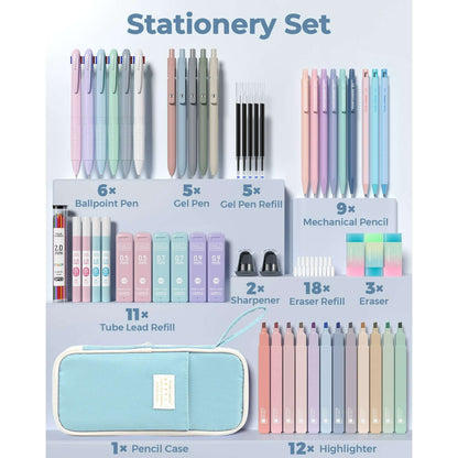 Four Candies 56 PCS Aesthetic Supplies with Pencil Case, 6 Multicolor Pen, 12 Pastel Highlighters, 5 Gel Pens Black Ink, 9 Mechanical Pencils for Stationary Set Preppy Stuff