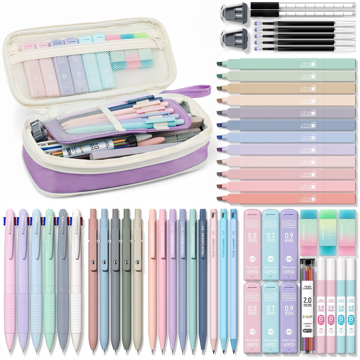 Four Candies 56 PCS Aesthetic Supplies with Pencil Case, 6 Multicolor Pen, 12 Pastel Highlighters, 5 Gel Pens Black Ink, 9 Mechanical Pencils for Stationary Set Preppy Stuff