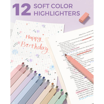 Four Candies 56 PCS Aesthetic Supplies with Pencil Case, 6 Multicolor Pen, 12 Pastel Highlighters, 5 Gel Pens Black Ink, 9 Mechanical Pencils for Stationary Set Preppy Stuff