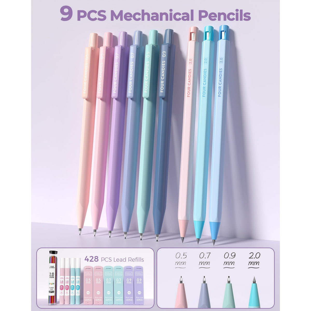 Four Candies 56 PCS Aesthetic Supplies with Pencil Case, 6 Multicolor Pen, 12 Pastel Highlighters, 5 Gel Pens Black Ink, 9 Mechanical Pencils for Stationary Set Preppy Stuff
