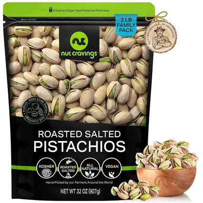 Nut Cravings Freshly Roasted & Salted California Pistachios (32oz - 2 lbs) Packed Fresh in Resealable Bag