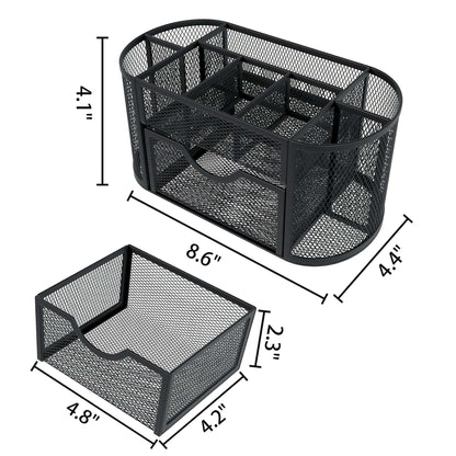 GARITIN Desk Organizer, Pen Holder with Drawers Pencil Holder for Desk Mesh Office Supply Organizer and Storage, Black