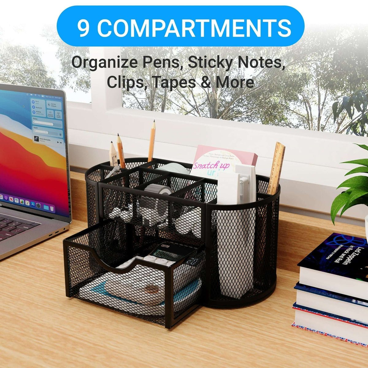 GARITIN Desk Organizer, Pen Holder with Drawers Pencil Holder for Desk Mesh Office Supply Organizer and Storage, Black