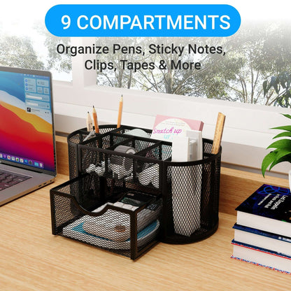GARITIN Desk Organizer, Pen Holder with Drawers Pencil Holder for Desk Mesh Office Supply Organizer and Storage, Black