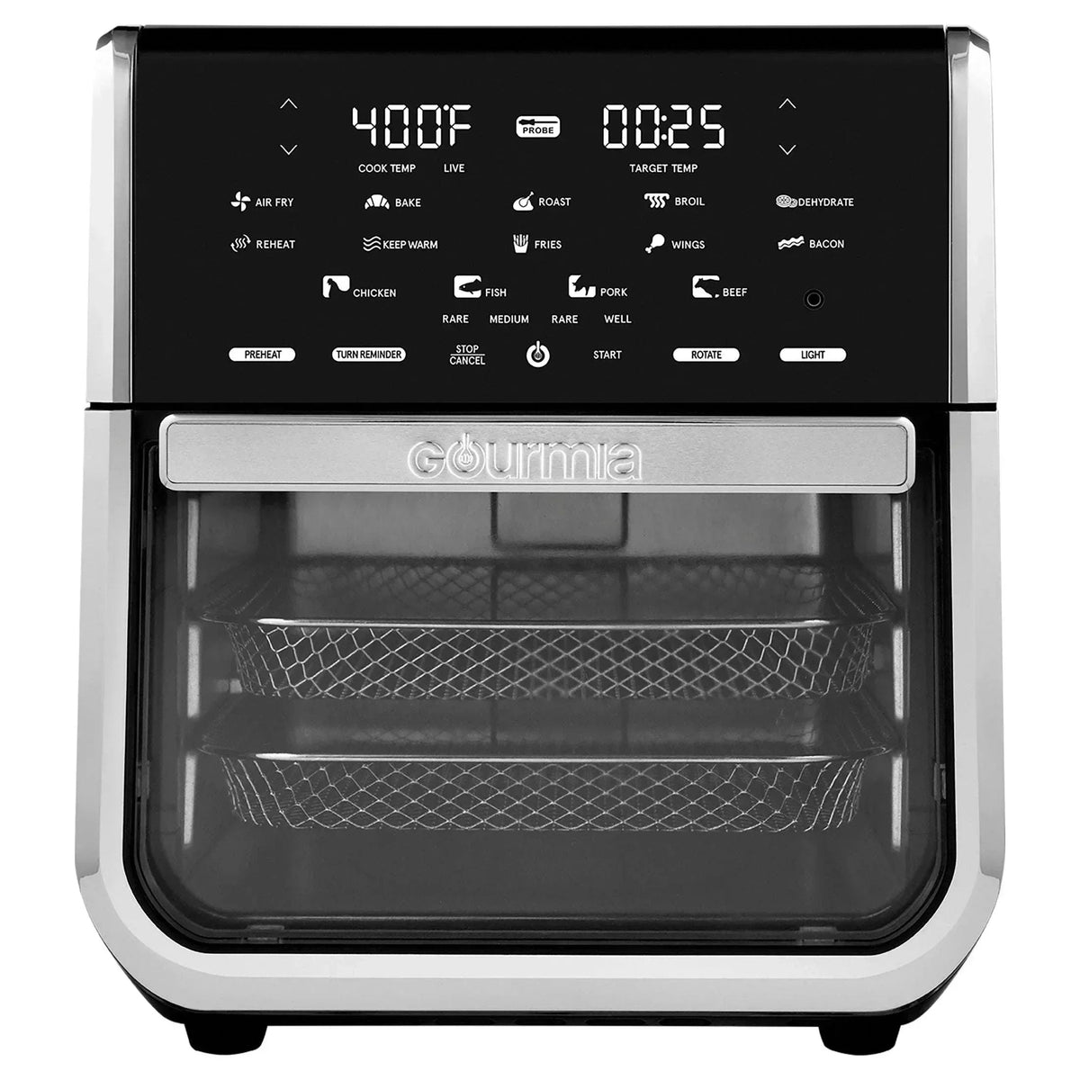 Gourmia All-in-One 14-Quart Air Fryer, Oven, Rotisserie, Dehydrator with Temperature Probe, Stainless Steel