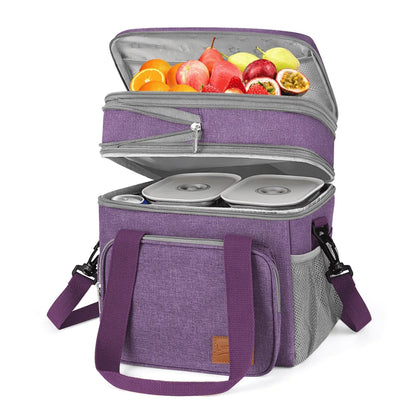 Insulated Lunch Bag for Women/Men, 17L Expandable Double Deck Lunch Cooler Box, Lightweight Leakproof Lunch Tote Bag W/ Side Tissue Pocket&Adjustable Shoulder Strap, Suit for Work,Picnic,Black