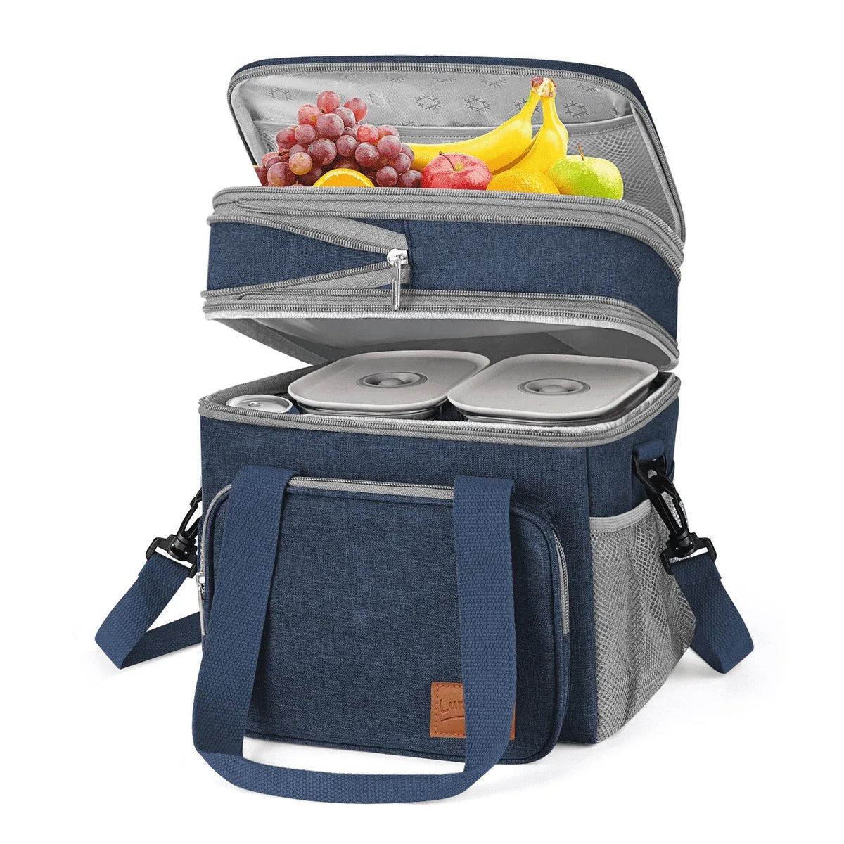 Insulated Lunch Bag for Women/Men, 17L Expandable Double Deck Lunch Cooler Box, Lightweight Leakproof Lunch Tote Bag W/ Side Tissue Pocket&Adjustable Shoulder Strap, Suit for Work,Picnic,Black