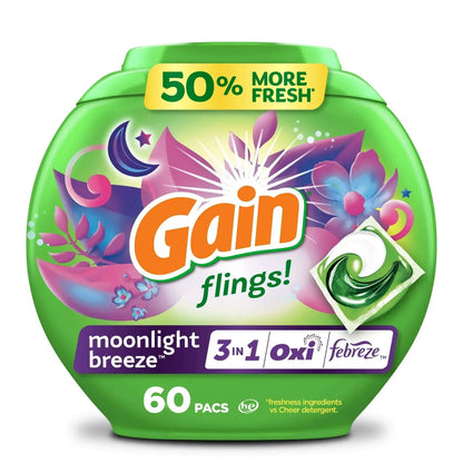 Gain Flings 3-in-1 Oxi Boost and Febreze Laundry Detergent Pacs, Moonlight Breeze Scent, 31 Count
