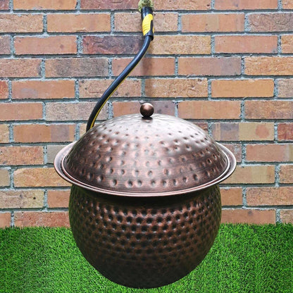BSTGIFTS Garden Hose Holder Pot with Lid - Hose Storage Pot with Copper Finish and Hammered Accent - Stell Water Hose Container, Water Hose Hider Outdoor or Indoor Use