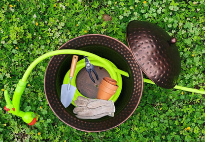 BSTGIFTS Garden Hose Holder Pot with Lid - Hose Storage Pot with Copper Finish and Hammered Accent - Stell Water Hose Container, Water Hose Hider Outdoor or Indoor Use