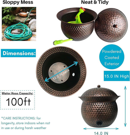 BSTGIFTS Garden Hose Holder Pot with Lid - Hose Storage Pot with Copper Finish and Hammered Accent - Stell Water Hose Container, Water Hose Hider Outdoor or Indoor Use