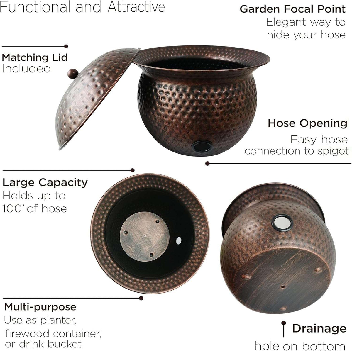 BSTGIFTS Garden Hose Holder Pot with Lid - Hose Storage Pot with Copper Finish and Hammered Accent - Stell Water Hose Container, Water Hose Hider Outdoor or Indoor Use