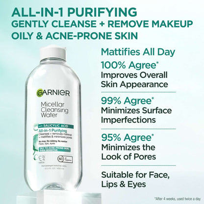 Garnier SkinActive Micellar Cleansing Water All in 1 Salicylic Acid Pore Minimizer Makeup Remover, Face Cleanser, 13.5 fl oz