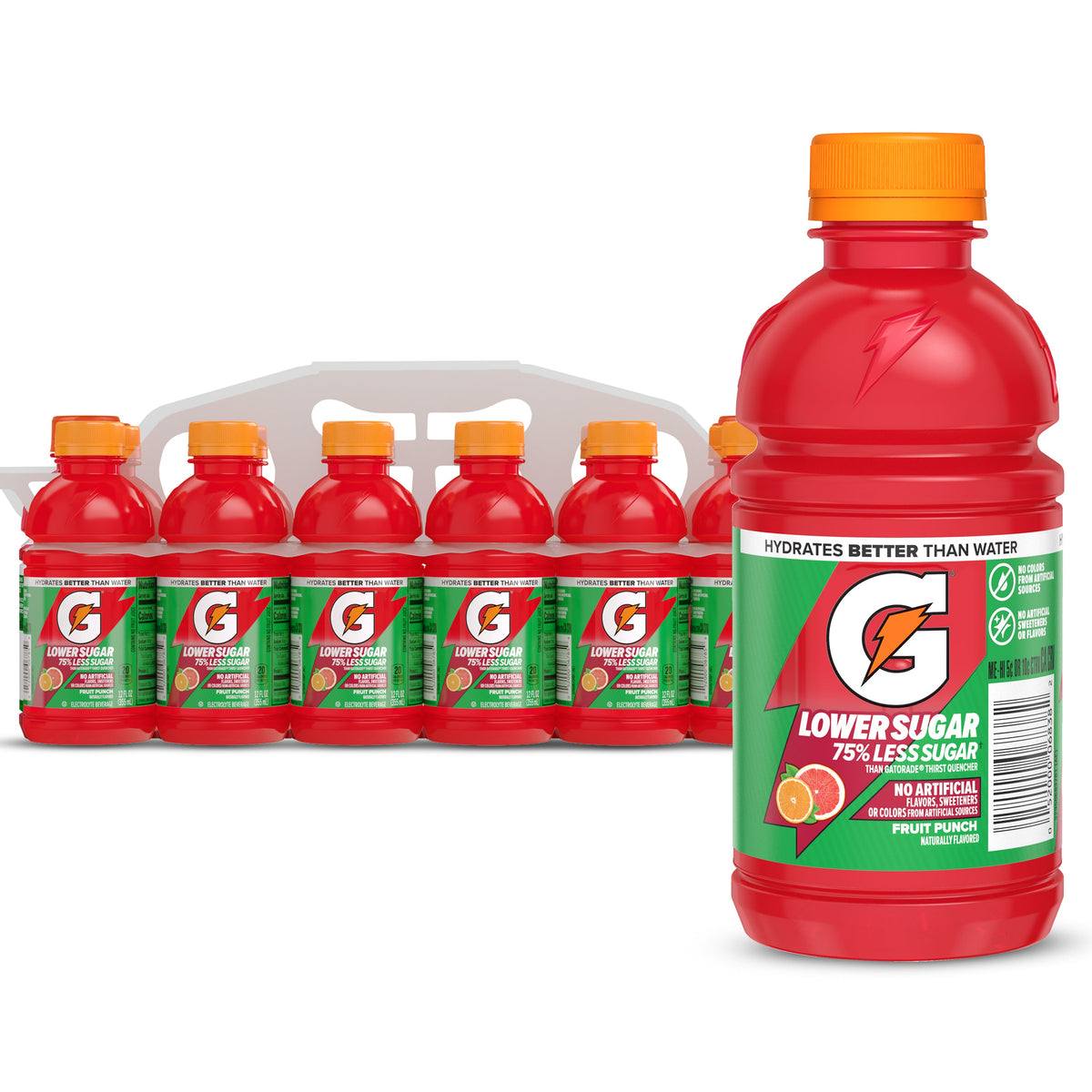 Gatorade Lower Sugar, No Artificials Fruit Punch Flavored Electrolyte Sports Drink, 12 fl oz Bottle, (12 pack), 75% Less Sugar, Hydration