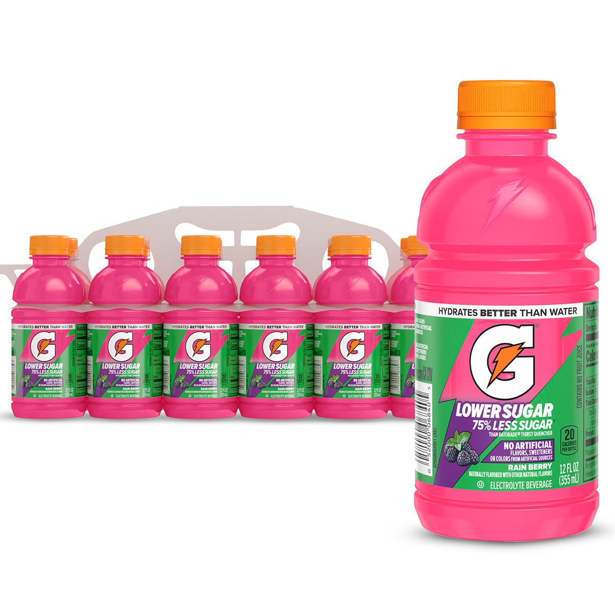 Gatorade Lower Sugar, No Artificials Fruit Punch Flavored Electrolyte Sports Drink, 12 fl oz Bottle, (12 pack), 75% Less Sugar, Hydration