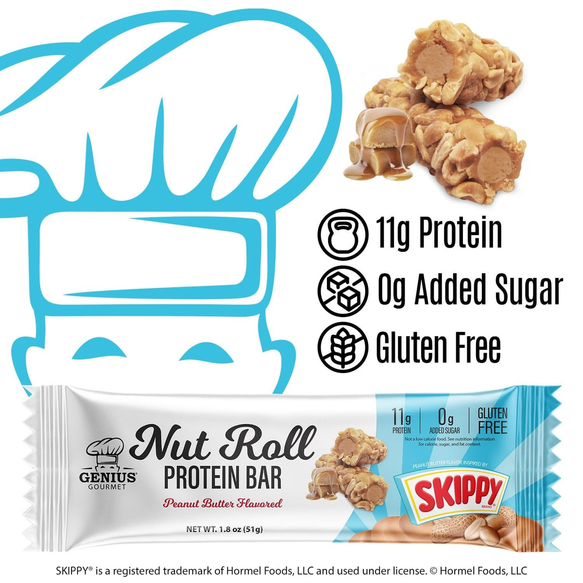 Genius Gourmet SKIPPY Peanut Butter Flavor Inspired Protein Nut Roll Bars | 10 Count, 11g Protein per serving (18% DV), 0g Added Sugar, Carb Conscious Snack Bar, Gluten Free
