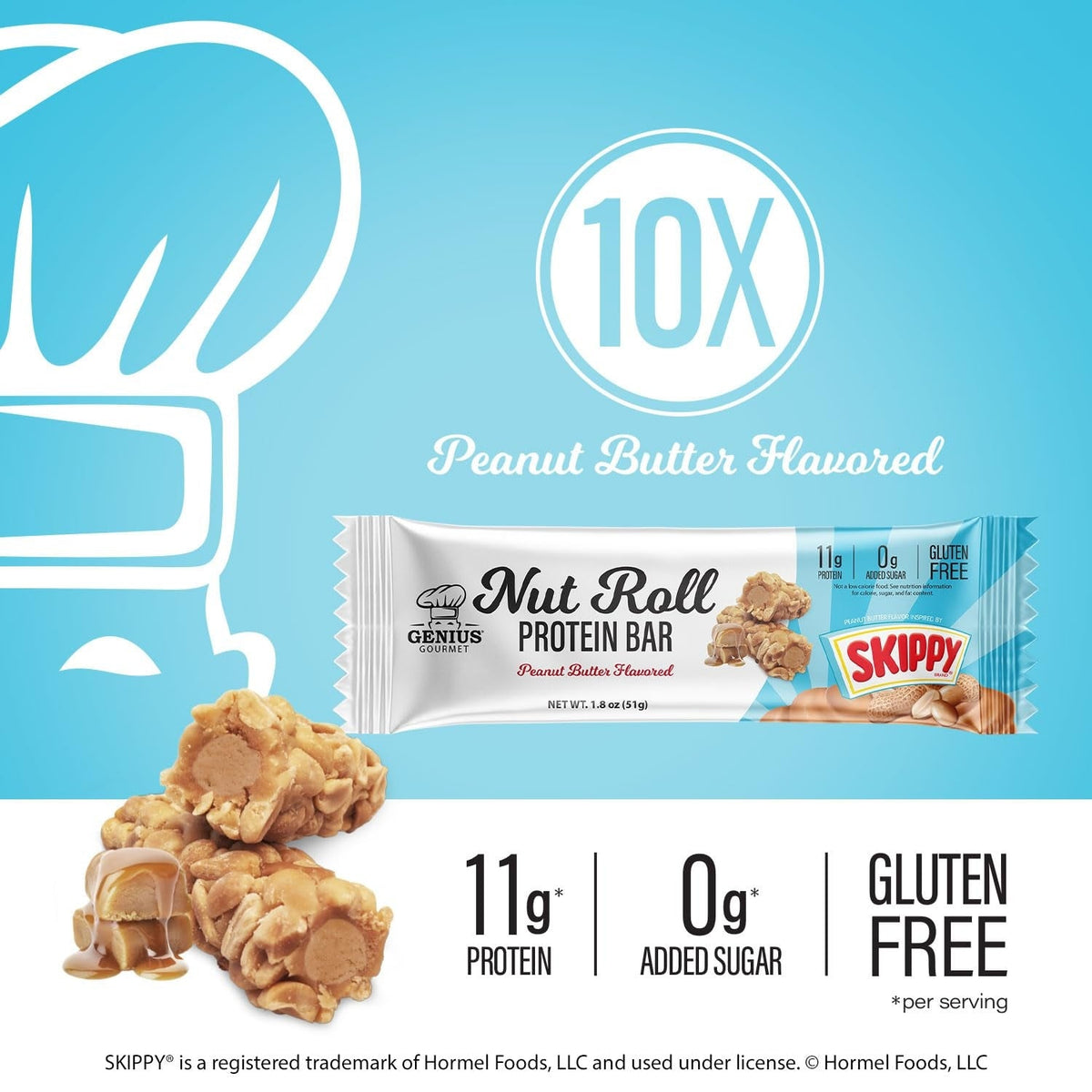 Genius Gourmet SKIPPY Peanut Butter Flavor Inspired Protein Nut Roll Bars | 10 Count, 11g Protein per serving (18% DV), 0g Added Sugar, Carb Conscious Snack Bar, Gluten Free