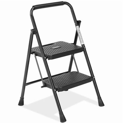 Gianna Foldable Step Stool with Non-Slip Platform & Rubber Feet, 1-Step Ladder with Carrying Handle, 330lbs Capacity Sturdy Metal Foldable Stool for Indoor & Outdoor Use，Black