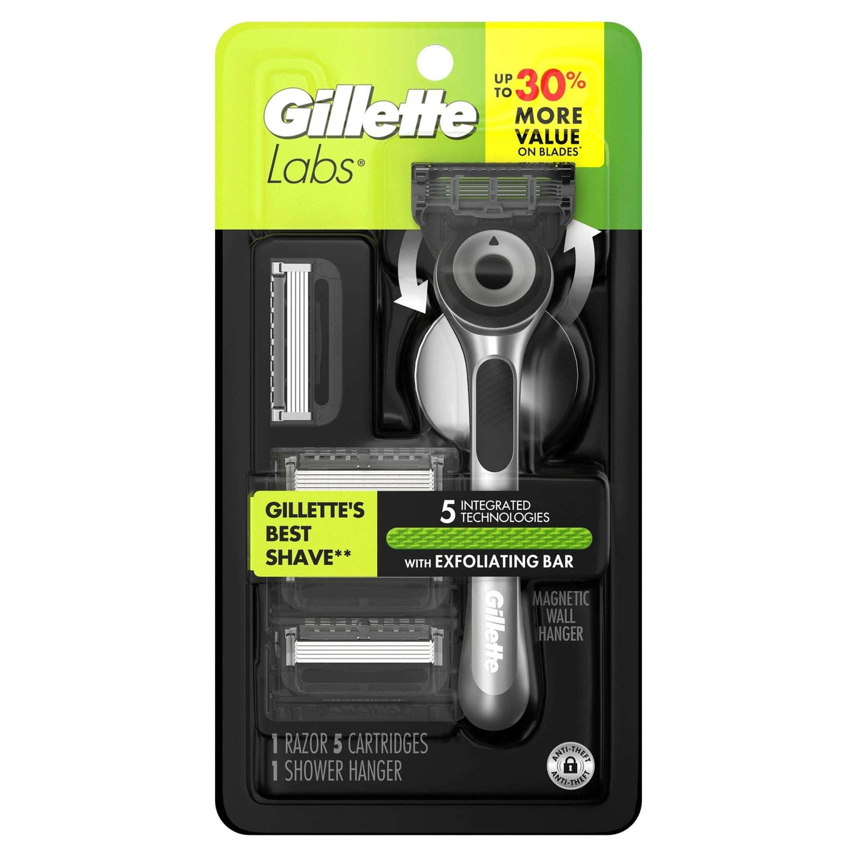 Gillette Labs Razor with Exfoliating Bar, 5 Refills, 1 Hanger