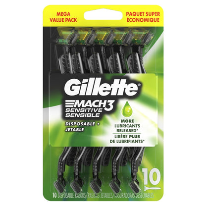 Gillette Mach3 Sensitive Men's Disposable Razors, 10 Count