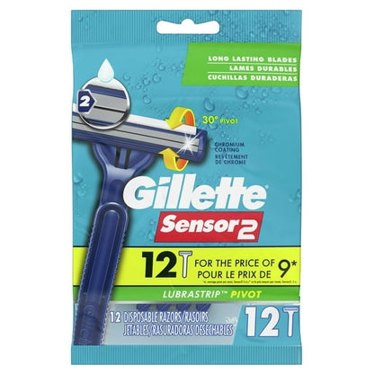 Gillette Sensor2 Pivoting Head Men's Disposable Razors, Blue, 12 Count