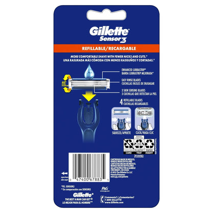 Gillette Sensor3 Refillable Razor for Men, 1 Shaving Razor Handle & 4 Blade Refills, Blue