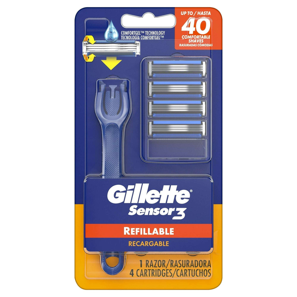 Gillette Sensor3 Refillable Razor for Men, 1 Shaving Razor Handle & 4 Blade Refills, Blue