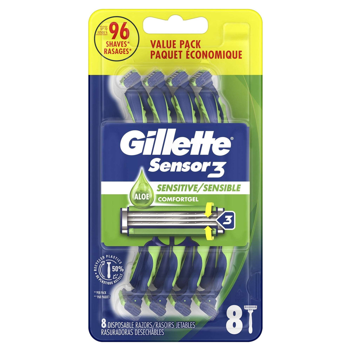Gillette Sensor 3 Sensitive Men 3 Blade Disposable Razor,8 count