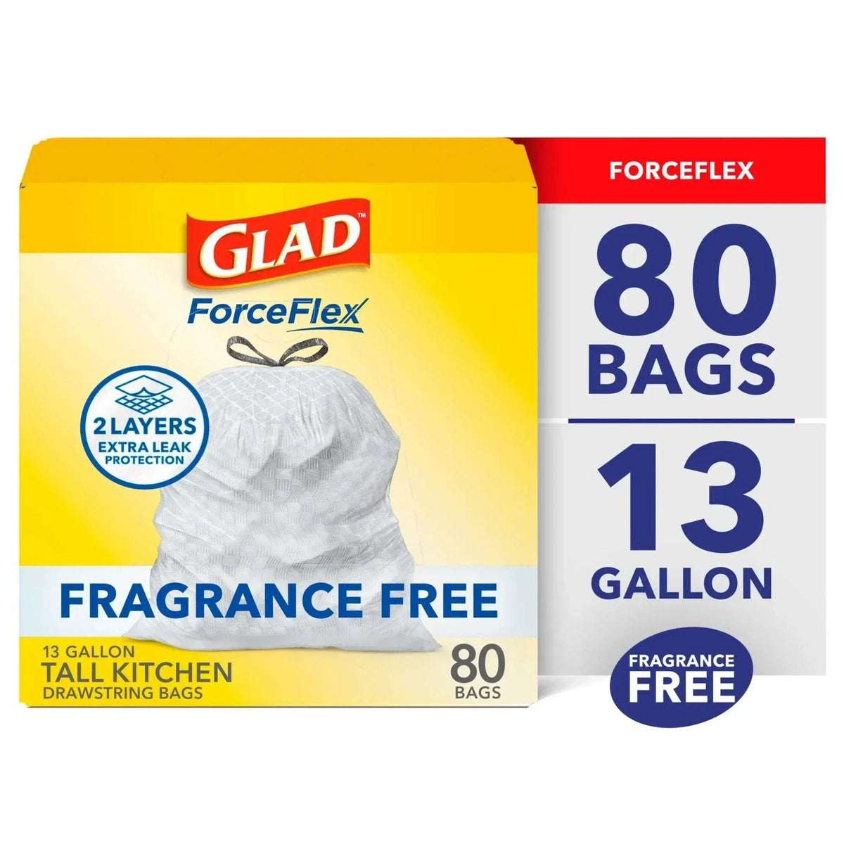 Glad ForceFlex Tall Kitchen Drawstring Trash Bags, 13 Gallon, Fragrance Free, 40 Count