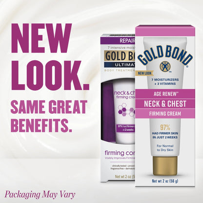Gold Bond Age Renew Neck & Chest Firming Cream, 2 Oz, Hydrates, Renews, and Visibly Improves Firmness, Texture & Elasticity of Aging Skin, Non-Greasy, Dermatologist-Tested, Hypoallergenic, Unscented