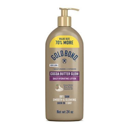 Gold Bond Cocoa Butter Glow Daily Hydrating Lotion with Cocoa Shea Butter &amp; Coconut Oil, Exfoliating and Moisturizing Lotion for Dry Skin, 24 oz
